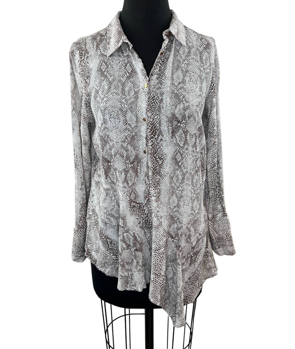 ZARA Basic White Brown Snakeskin Print Long Sleeve Button-Down Shirt Size Small